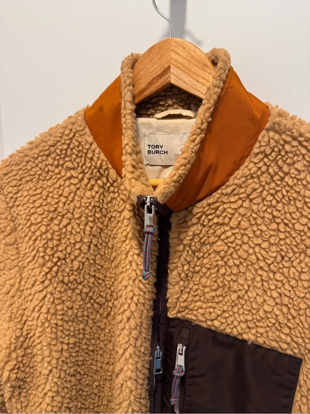Tory Burch Tan Sherpa Jacket with Brown Pocket & Rust Collar
